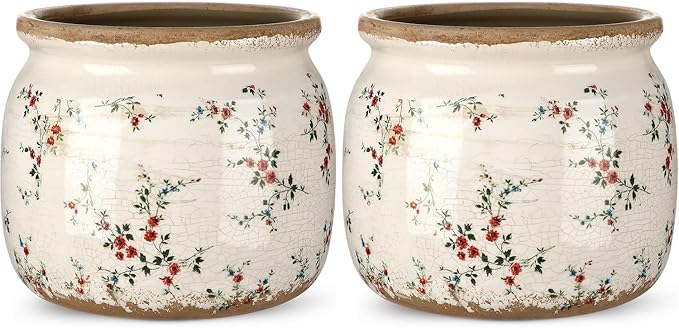 2 Pcs Vintage Planter Large Ceramic Plants Pot Beige Red Rustic Floral Ice Crack Cottage Scroll Vase Flower Pot Indoor Plants Home Kitchen Decor Farmhouse Antique Decorative Gifts