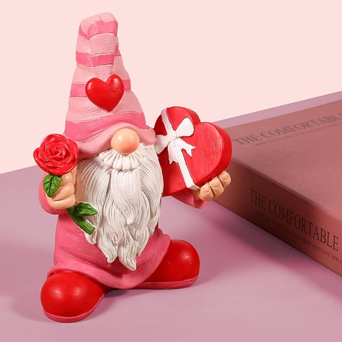 7.1"x5.1" Larger Valentines Day Gnome - Valentine's Day Decor Gifts Pink Resin Gnomes for Home Table Ornaments Sweet Valentines Day Gifts for Him Her
