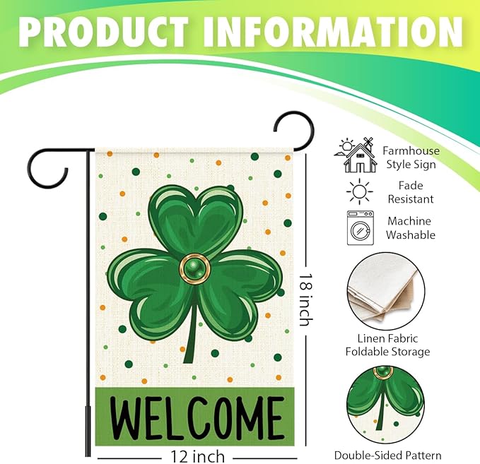 St Patricks Day Welcome Garden Flag 12x18 Inch Double Sided,Shamrock Outdoor Irish Decor House Porch Flag for St Patrick's Day Party and Yard Decorations