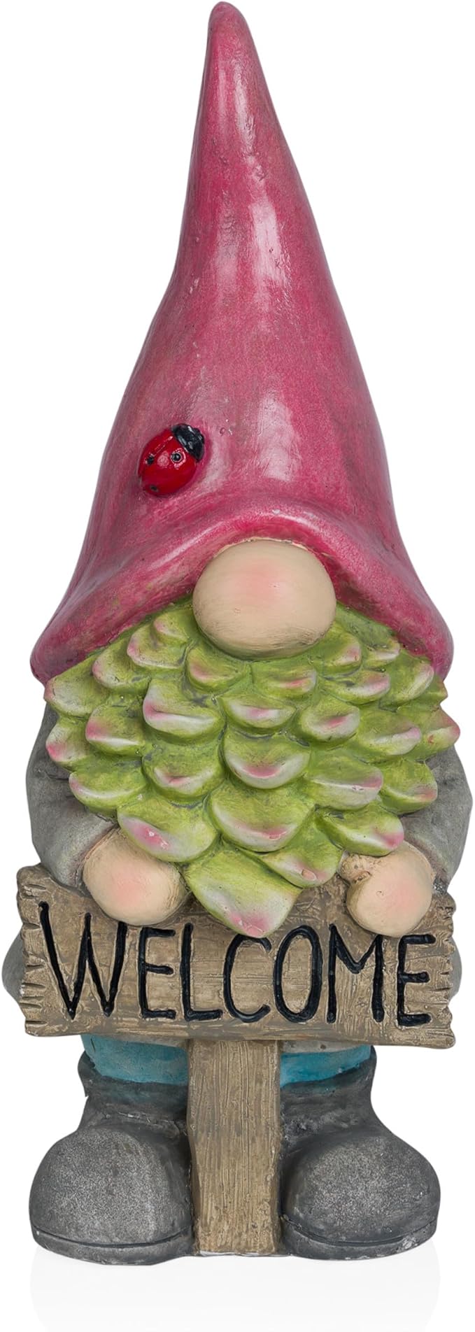 Alpine Corporation 19" Tall Outdoor Red Hat Holding “Welcome” Sign Gnome Statue, Stylish Weatherproof Garden Decor