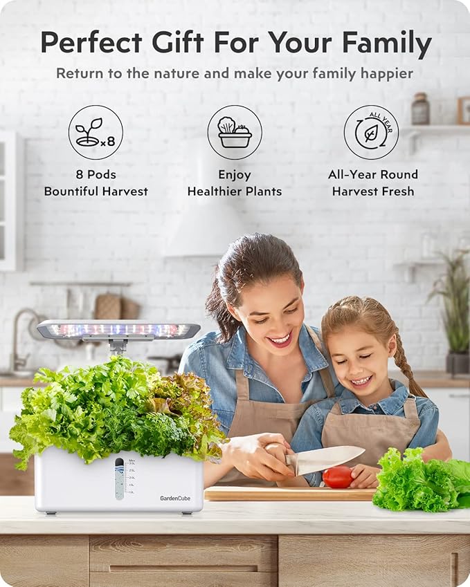 GARDENCUBE Hydroponics Growing System Kit: 8 Pods Indoor Herb Garden with LED Grow Light Quiet Smart Pump Automatic Timer Plants Germination Kit Height Adjustable - Gardening Gifts for Women Men
