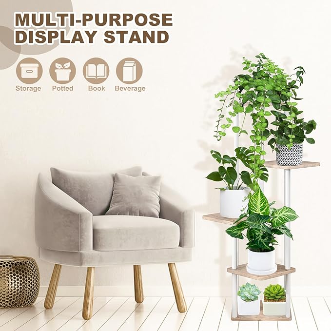 YOCOMEY 5 Tier Wood Tall Plant Stand Metal Rack Indoor, Multiple Flower Pot Holder Shelves Corner Rack, Planter Shelf Display Rack Storage Organizer for Patio Living Room Balcony Garden(White Oak)