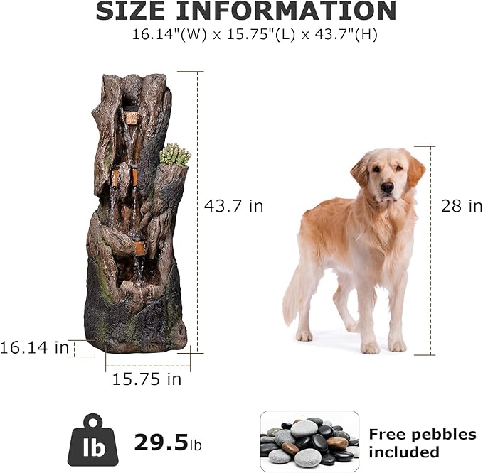 43.7''H Water Fountain Outdoor, 4 Tiered Large Tree Trunk Outdoor Freestanding Cascading Waterfall with LED Lights, Floor-Standing Water Feature for Garden, Yard, Patio, Porch, Home Art Decor