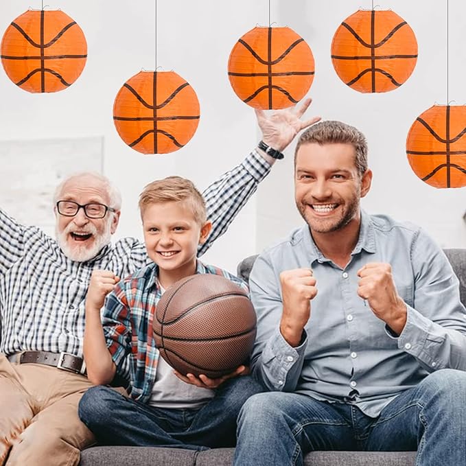 BEISHIDA 8-Inch Basketball Paper Lanterns Decorative Chinese/Japanese Hanging Round Paper Lanterns Lamp for sports party, Sport Themed Birthday Bar Basketball Game Party Decoration (12 Packs)