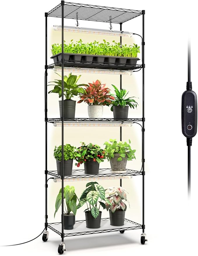 Bstrip Plant Shelf with Grow Light, 5-Tier, Metal Plant Stand with Timer, Adjustable Rack & Wheels, 4 Pack T8 Full Spectrum Grow Light for Indoor Plant, Seed Starting, Seed Tray, 23.5"x13.8"x 59"