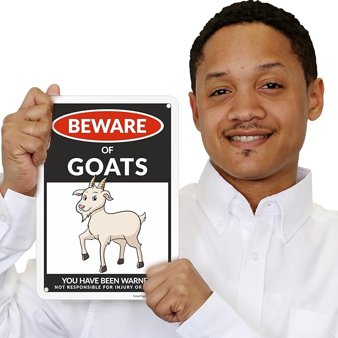 SmartSign Funny Beware Of Goats Warning Sign - 10"x7", 40 mil Laminated Rust-free Aluminum - Metal Signs for Wall Decor, Outdoors, Patio, Gifts, Cafe - Goats Theme, Made in USA