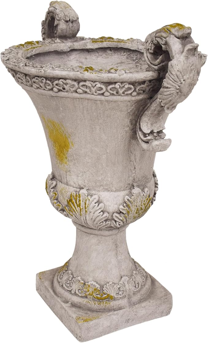 Merax 19.25'' Tall Elegant Roman Style Lightweight Concrete Planter with Botanical Accents, Square Indoor Outdoor Flower Pot with Drainage Hole & Stopper, Grey