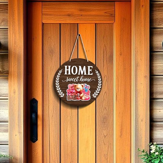 Interchangeable Welcome Sign Valentine's Day Front Porch Decor, Rustic Round Wood Wreath Door Decoration, Home Sweet Home Sign for Spring Summer Fall Winter All Seasons Holiday, Dark Brown