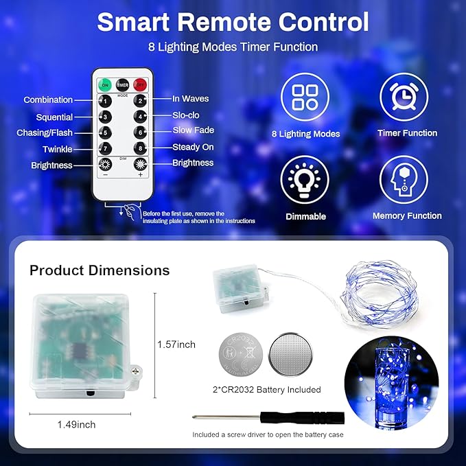 ZGWJ 6 Pack Fairy Lights Battery Operated with Remote, 7ft 20LED Mini Fairy String Lights with Timer 8 Modes Waterproof for Halloween Christmas Tree DIY, Parties, Bedroom Decorations Blue