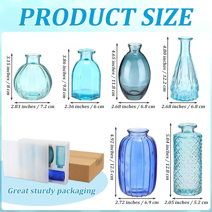 Teecyhooo 6 Pcs Stained Glass Hanging Vases Colorful Glass Terrariums with Rope Small Hanging Planters Pot Containers for Air Plants Flowers Garden Home Wedding Decor(Blue Series)
