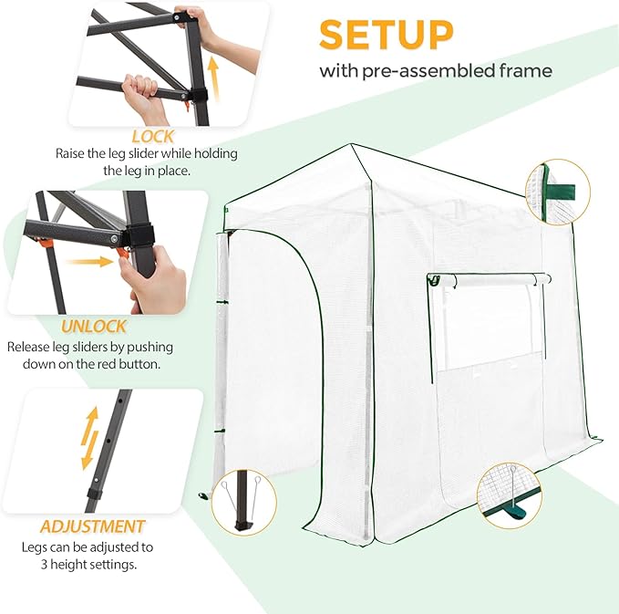 EAGLE PEAK Instant Pop-up Greenhouse, Indoor Outdoor Plant Gardening Green House, Roll-Up Zipper Doors and Side Windows, Lean-to 10x5 ft, PE Cover, White/Clear