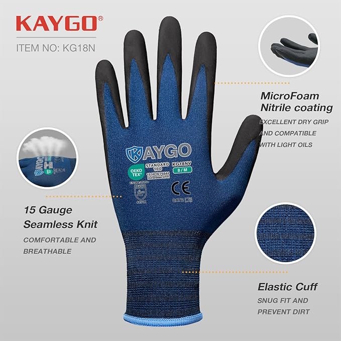 KAYGO Safety Work Gloves MicroFoam Nitrile Coated-12 Pairs, KG18NB,Seamless Knit Nylon Glove with Black Micro-Foam Nitrile Grip,Ideal for General Purpose,Automotive,Home Improvement, Dark Blue, S