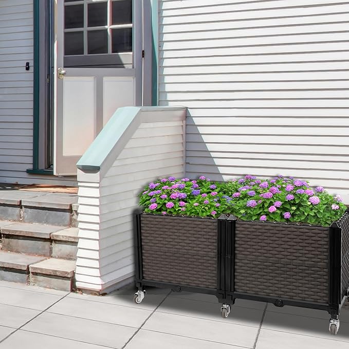 Raised Plant Box with Wheels 31.5"x15.7"x16.1", Raised Beds for Gardening Self Watering, Durable Metal Lockable Casters, Rectangular Garden Planter Perfect for Garden Patio Balcony Deck