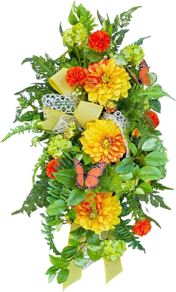 Orange Yellow Dahlia Faux Floral Swag for Front Door Spring Wreath Porch Decor - Spring Front Door Swag Teardrop Butterfly Floral Arrangement -