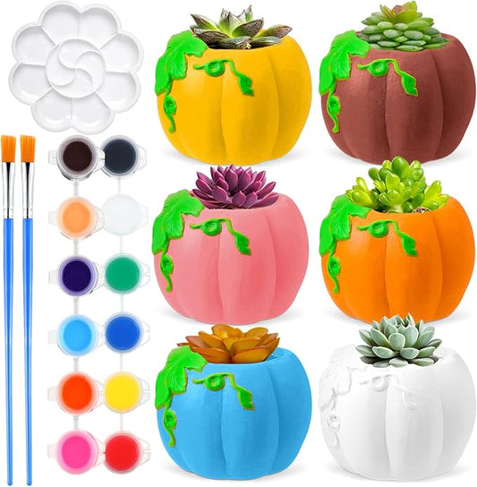 Pasimy 6 Set Ceramics to Paint DIY Ceramic Succulent Planter Pots Paint Your Own Flower Pots Craft Kit Unpainted Bisque Flowerpot with Brush Palette for Family Activity Holiday Gifts(Pumpkin)