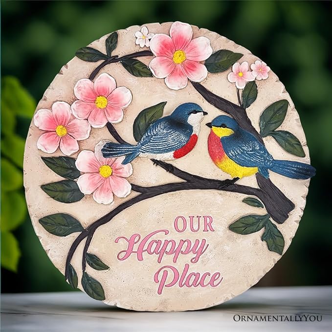 OrnamentallyYou Elegant Resin Stepping Stone, Outdoor Garden Pathway Decoration (Blossoming Songbirds Positivity Stepping Stone, 9.5" Happiness Garden Decoration and Support Gift)