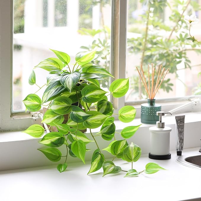 LuckyGreenery Artificial Devil's Ivy Golden Pothos Fake Plant,Hanging Potted Plants for Wall Home Patio Indoor Outdoor Decor(H 26in)