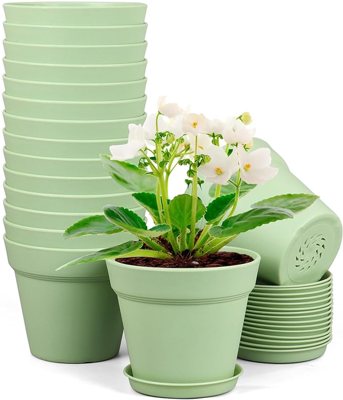 Meowell 4 inch Small Plastic Nursery Pots, 16 Pack Plant Pots for Indoor Outdoor Plants, Flower Pots with Drainage Holes and Saucers, Decorative Seedling Starter Planters for House Plants, Green