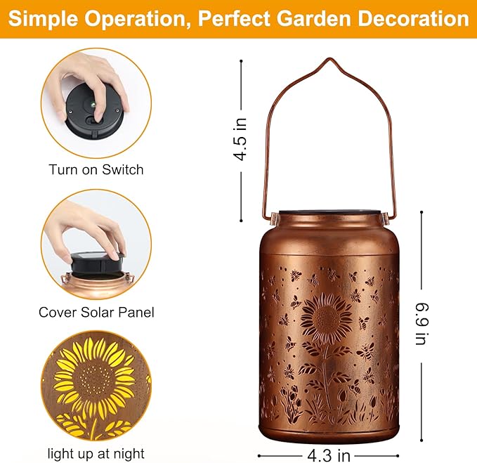 Solar Lanterns Outdoor, Waterproof Hanging Metal Solar Lanterns LED Decoration for Garden, Yard, Patio - Perfect Birthday Gifts for Women Mom Grandma(Sunflower+Bee)