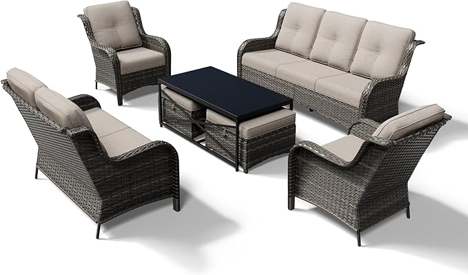 Joyside 7 Piece Wicker Patio Furniture Set, Rattan Patio Chairs with High Back, Deep Seating, Wide Armrest, Thickened Cushions, Outdoor Furniture for Deck, Porch Use