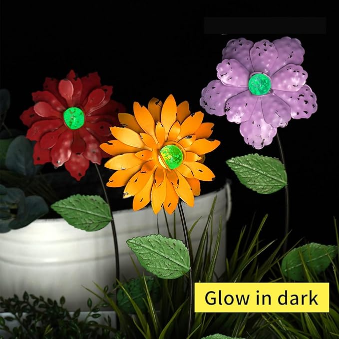 3 Pack Floral Garden Stake Decor, Glow in Dark Shaking Head Outdoor Plant Pick Water Proof Metal Flower Stick for Lawn Yard Patio Pathway Ornament