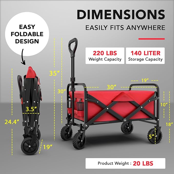 Lifetime Home Collapsible Foldable Heavy Duty Utility Wagon Cart with Larger Capacity - Perfect for Shopping, Sports Events, Grocery, Moving, Camping, Laundry, Beach - Red