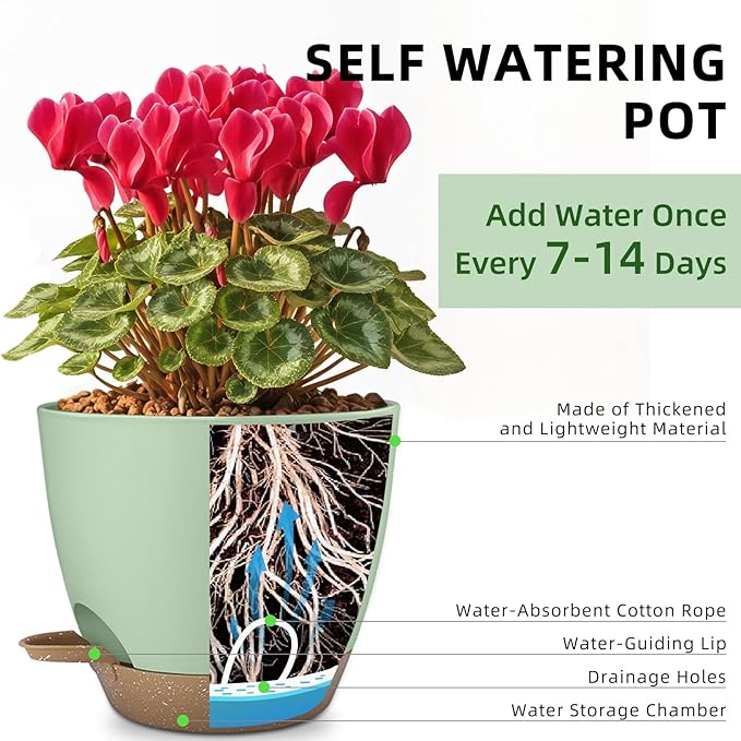 Hylitong Plant Pots 8/7.5/7/6.5/6 Inch Self Watering Pots,5 Pack Planters with Drainage Holes and Saucers,Plastic Flower Pots,Nursery Planters for Indoor Outdoor Plants (Green)