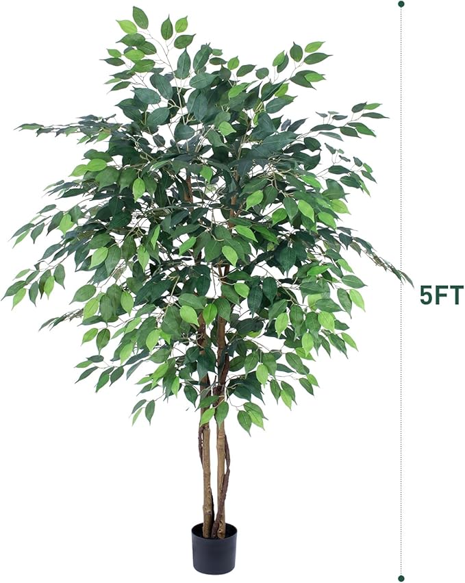 AQUGQ Artificial Ficus Tree 5ft, Artificial Plants Indoor with Realistic Leaves & Trunk, Fake Plants for Home Office Living Room Decor
