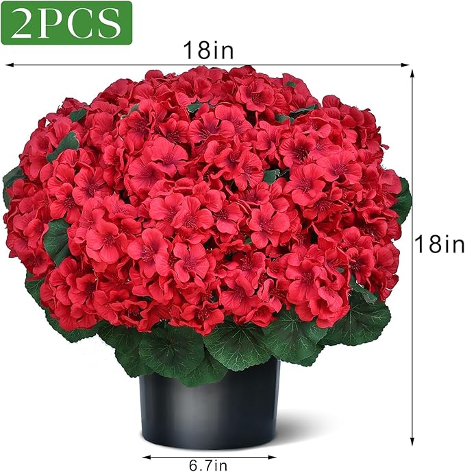 Juxdp 18" Artificial Geraniums Topiary for Front Porch Decor,Faux Silk Flowers Bushes UV Resistant Potted Plants for Outdoor Indoor Door Offices Garden Farmhouse Home Decor (Red)