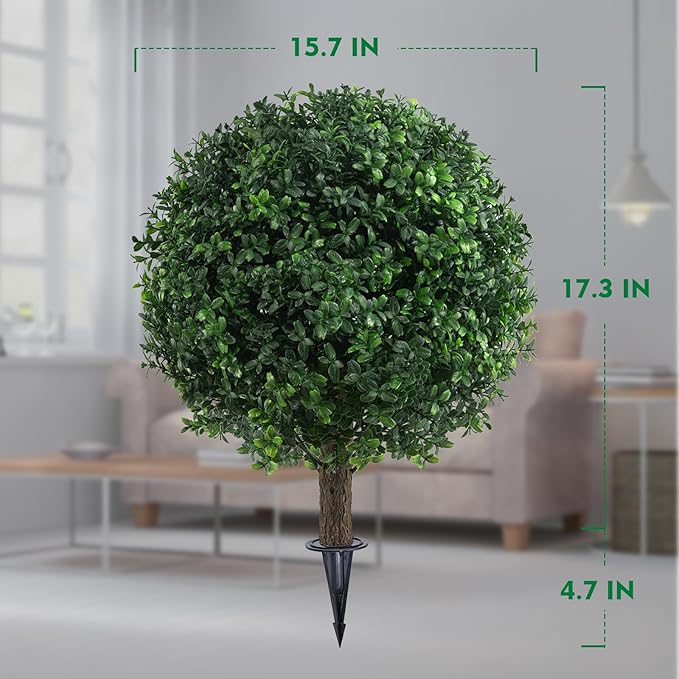 AOKIIE Set of 2 Artificial Boxwood Topiary Ball Trees for Outdoor with Ground Spike 22", UV Resistant Faux Greenery Shrubs, Fake Boxwood Plants for Indoor, Garden, Yard, Porch, Patio Decor