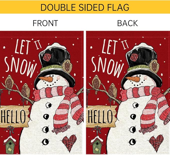 Let It Snow Snowman Snowflake Winter Christmas Garden Flag 12x18 Inch Double Sided Burlap, Cardinal Red Farmhouse Yard Outdoor Decorative Flag (RMQ46)