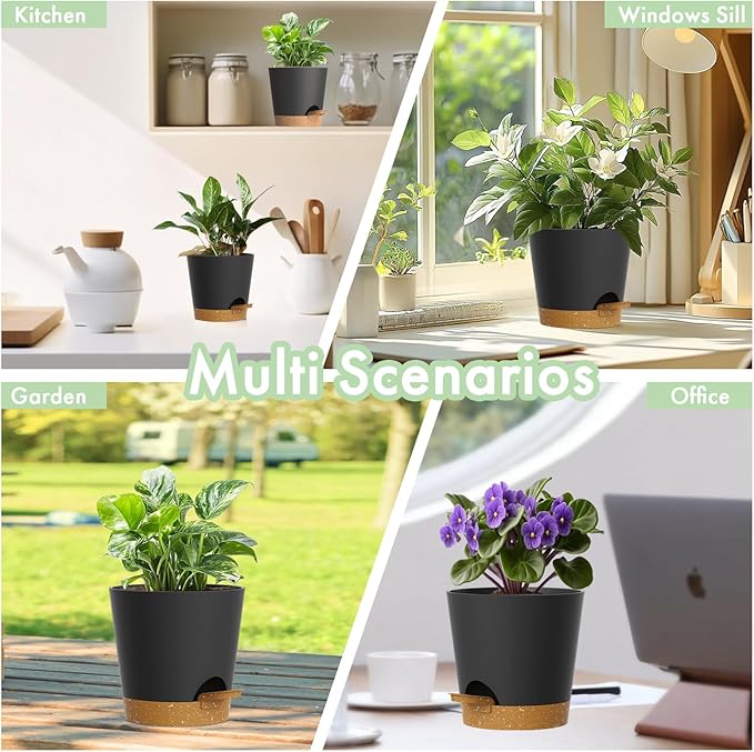 WSMKSZ 7/6.5/6/5.5/5/4 inch Self Watering Pots for Indoor Outdoor Plants, 6 Pack Plastic Flower Planters with Drainage Holes and Removable Saucers, Plant Pots with Wicking Rope, Black Brown
