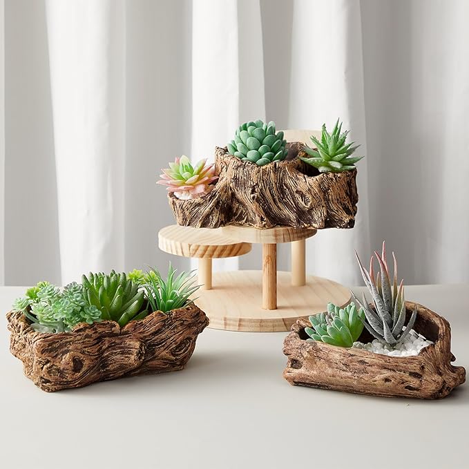 3 Pcs Driftwood Stump Log Concrete Planter Driftwood Planter Succulent Pot Plant Pot for Succulents for Outdoor Indoor Home Patio Garden Decoration (Retro)