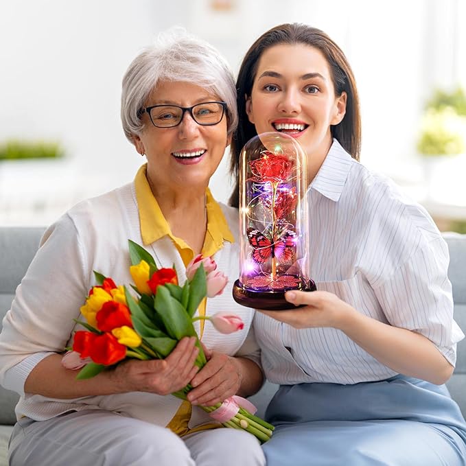 Valentines Day Rose Gifts for Her Birthday Gift for Women, Rechargeable Galaxy Glass Rose in Glass Dome Eternal Crystal Flower Butterfly Gift Valentine Gifts for Women Daughter Mom Wife Girlfriend Red