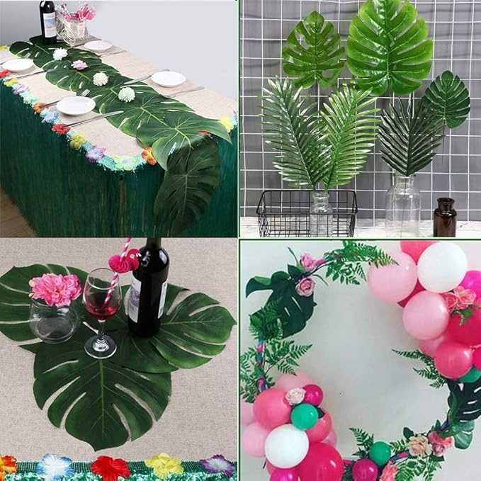 Artificial Palm Leaves, 50PCS Extra Large 14" Tropical Monstera Fake Leaves for Hawaiian Luau Jungle Safari Birthday WeddingTheme Party Table Wall Decorations,Bonus 3 Sheets/60pcs Dot Glues
