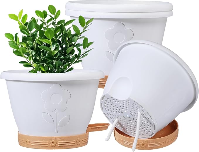 XMPBFYH Plant Pots, Flower Pots for Indoor/Outdoor Plants, Self Watering Plastic Planters Pots with Drainage Holes, Saucer & Reservoir, Decorative Nursery Planting Pots(10 Inch Set of 4)