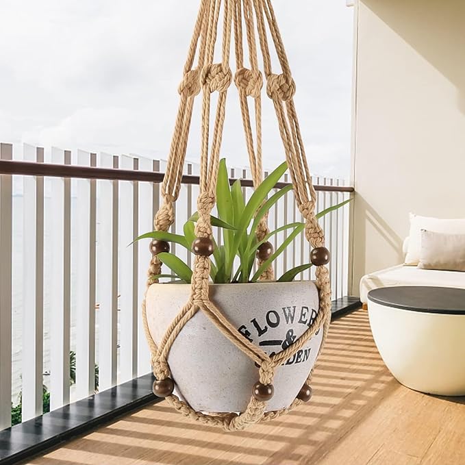 MKO SHUN 3-Pack Macrame Plant Hanger Indoor - Hanging Planter Basket for Indoor Outdoor - Decorative Boho Plant Holders Set with Beads - Ceiling Flower Pot Holder with 6 Hooks - 35"/30"/24" Linen