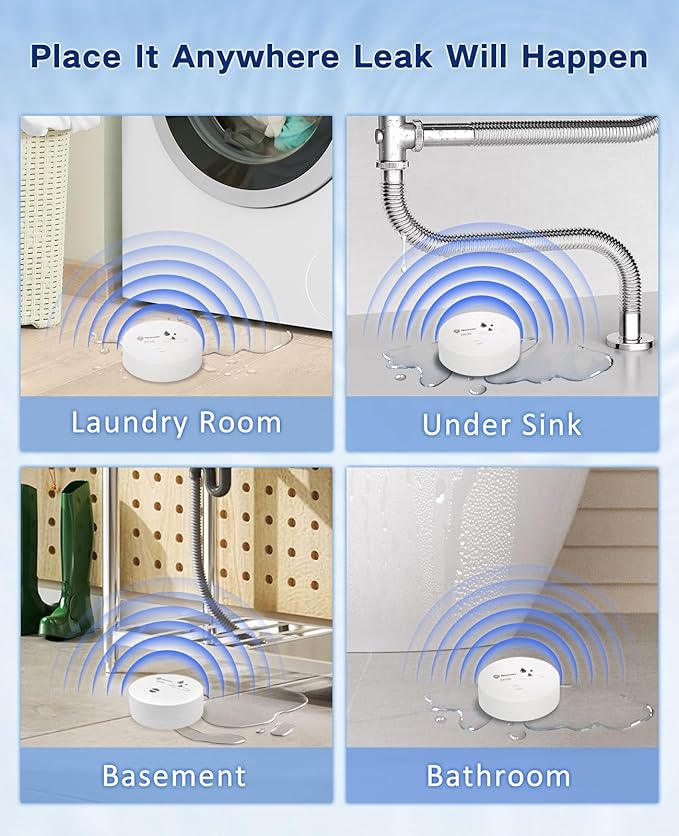 Geevon 10 Pack Water Leak Detectors, 100dB Water Sensor Alarms Flood Detector for Basements, Bathrooms, Laundry Rooms, Kitchens, Garages, and Attics, Water Alarms Battery-Operated (Battery Included)