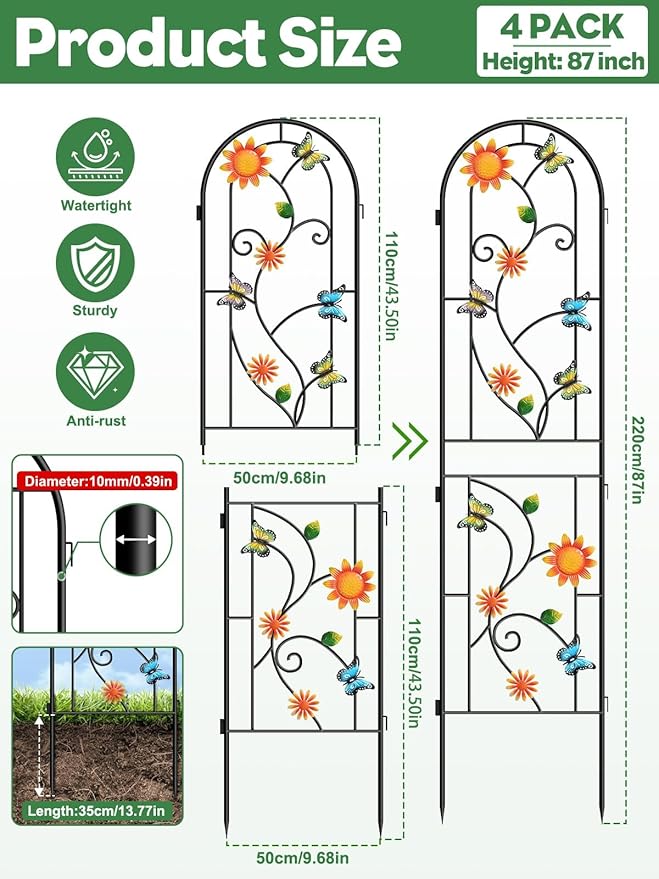 87 Inch Metal Garden Trellis for Climbing Plants, Kalolary 4 Pack Colorful Butterfly Plant Trellis Support Decoration Arched Fence Trellis Outdoor for Patio Lawn Garden Yard Backyard Wall