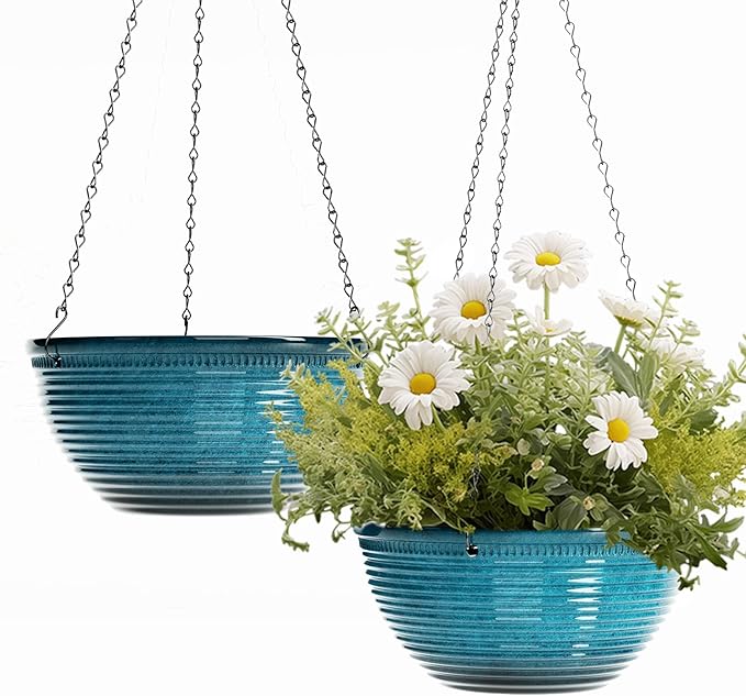 LESOASIS 10in Hanging Planters for Indoor and Outdoor Plants, 2 Pack Hanging Planter with Drainage Hole, Round Hanging Flower Pots for Garden Home Decor (Blue)