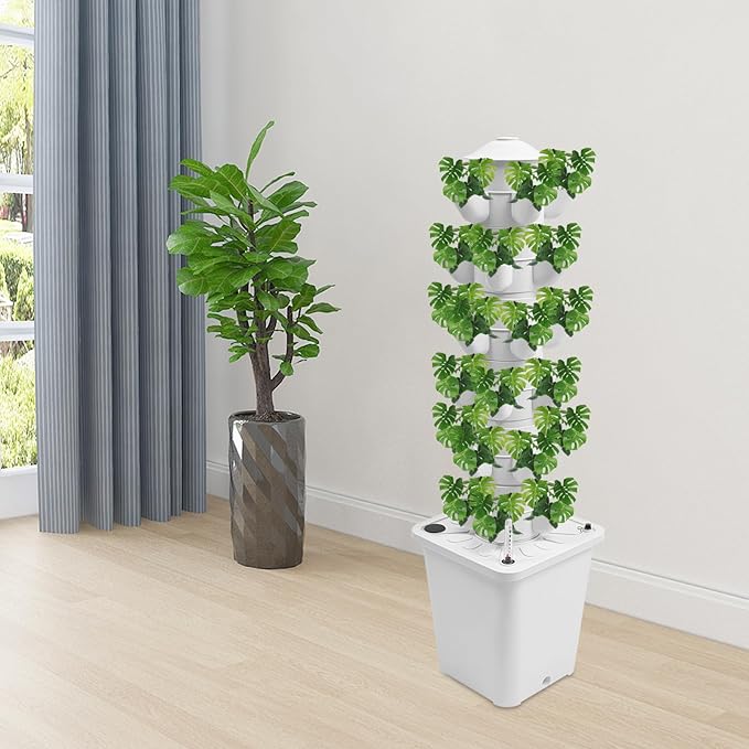 6-Tier Hydroponic Grow Tower Kit, 30 Holes Planting Sites Indoor Garden System with Water Pump, Self-Watering Vertical Gardening Kit for Lettuce, Herbs, Strawberries, Vegetables, Flowers, White
