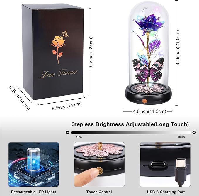 Valentines Day Rose Gifts for Her Birthday Gift for Women Rechargeable Galaxy Glass Rose in Glass Dome Crystal Roses Flowers Butterfly Valentine Gifts for Women Daughter Mom Wife Girlfriend Purple