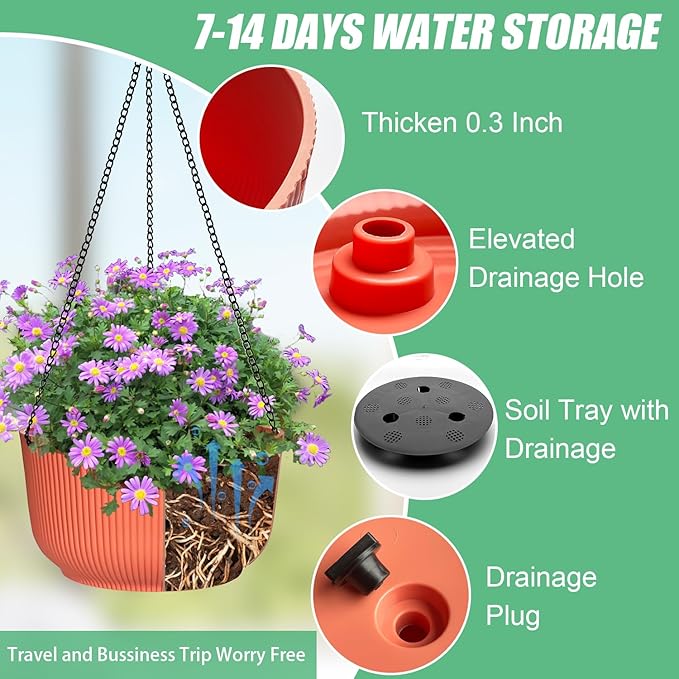 RooTrimmer Hanging Planters 9/10/11 Inch for Indoor Plants, 3 Pack Plant Hanger Outdoor with Drainage Holes, Self Watering Hanging Basket Flower Pot for Garden Home Decor, Light Coral
