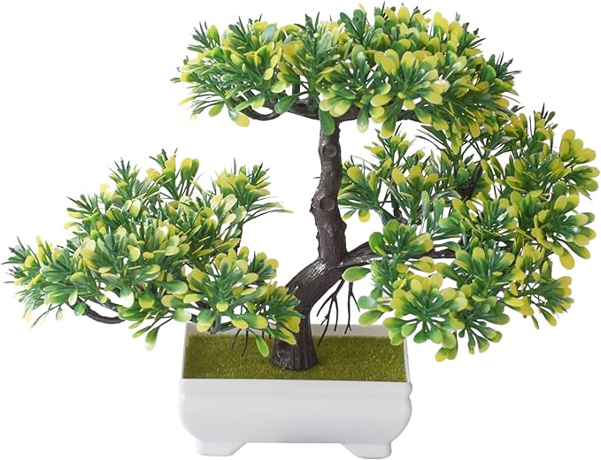 Mini Artificial Bonsai Tree Fake Plants - Artificial Plant Welcome Pine Treewith Plastic Cement Pots for Home Office Décor (Yellow)