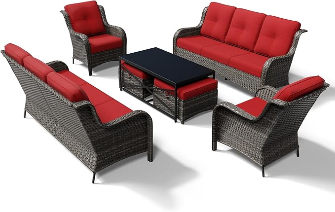 Joyside 7 Piece Wicker Patio Furniture Set, Rattan Patio Chairs with High Back, Deep Seating, Wide Armrest, Thickened Cushions, Outdoor Furniture for Deck, Porch Use