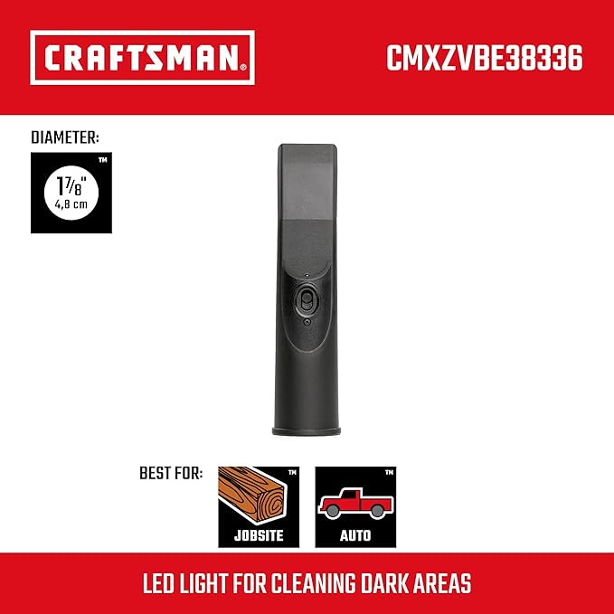CRAFTSMAN CMXZVBE38336 1-7/8 in. LED Lighted Car Nozzle Wet Dry Vac Attachment, Industrial-Grade Shop Vacuum Accessory for Illuminating Dark Areas While Cleaning, Fits 1-7/8 in. Hose Diameter