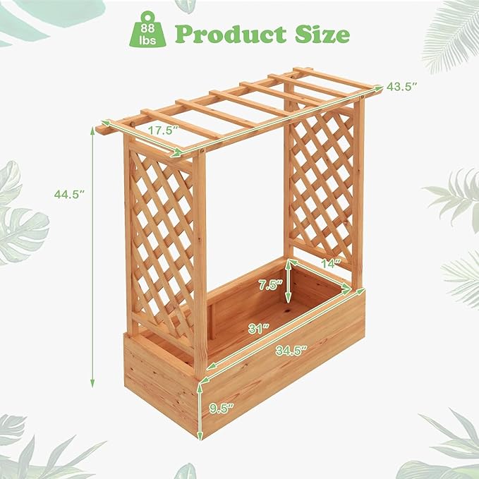HAPPYGRILL Raised Garden Bed with Trellis, 2 Pack Freestanding Wood Planter Box w/Hanging Roof & 4 Drainage Holes for Vine Climbing Plants Flowers, Outdoor Planter with Trellis for Garden Patio Yard