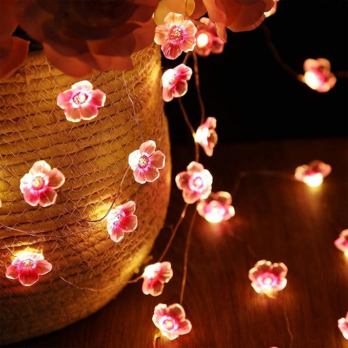 Mudder 13 FT 40 LEDs Cherry Blossom Flower String Lights for Bedroom, Pink Fairy Lights USB and Battery Operated Decorative String Light Indoor Outdoor (4 Pack)