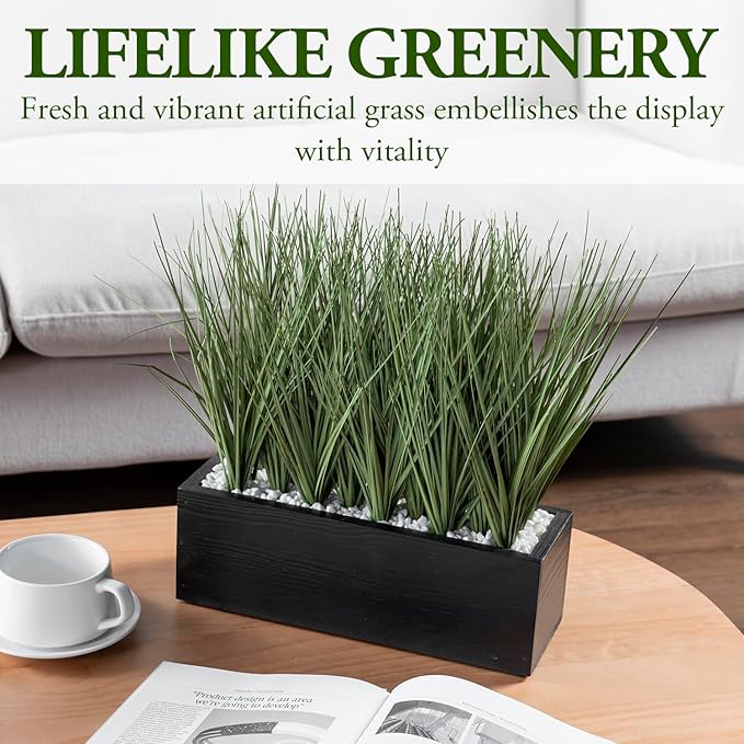 MyGift 12 Inch Artificial Green Grass Plants in Rustic Black Solid Wood Planter Box, Faux Greenery Plant Centerpiece in Decorative Rectangular Wooden Container
