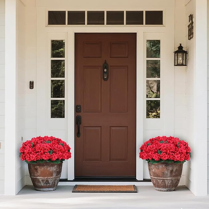 Juxdp 18" Artificial Geraniums Topiary for Front Porch Decor,Faux Silk Flowers Bushes UV Resistant Potted Plants for Outdoor Indoor Door Offices Garden Farmhouse Home Decor (Red)